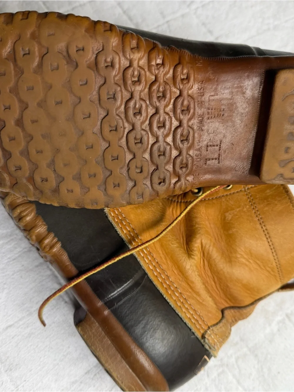 VINTAGE OG LL Bean Men's Two-Tone Brown Leather Duck Boots - Tan & Dark Brown